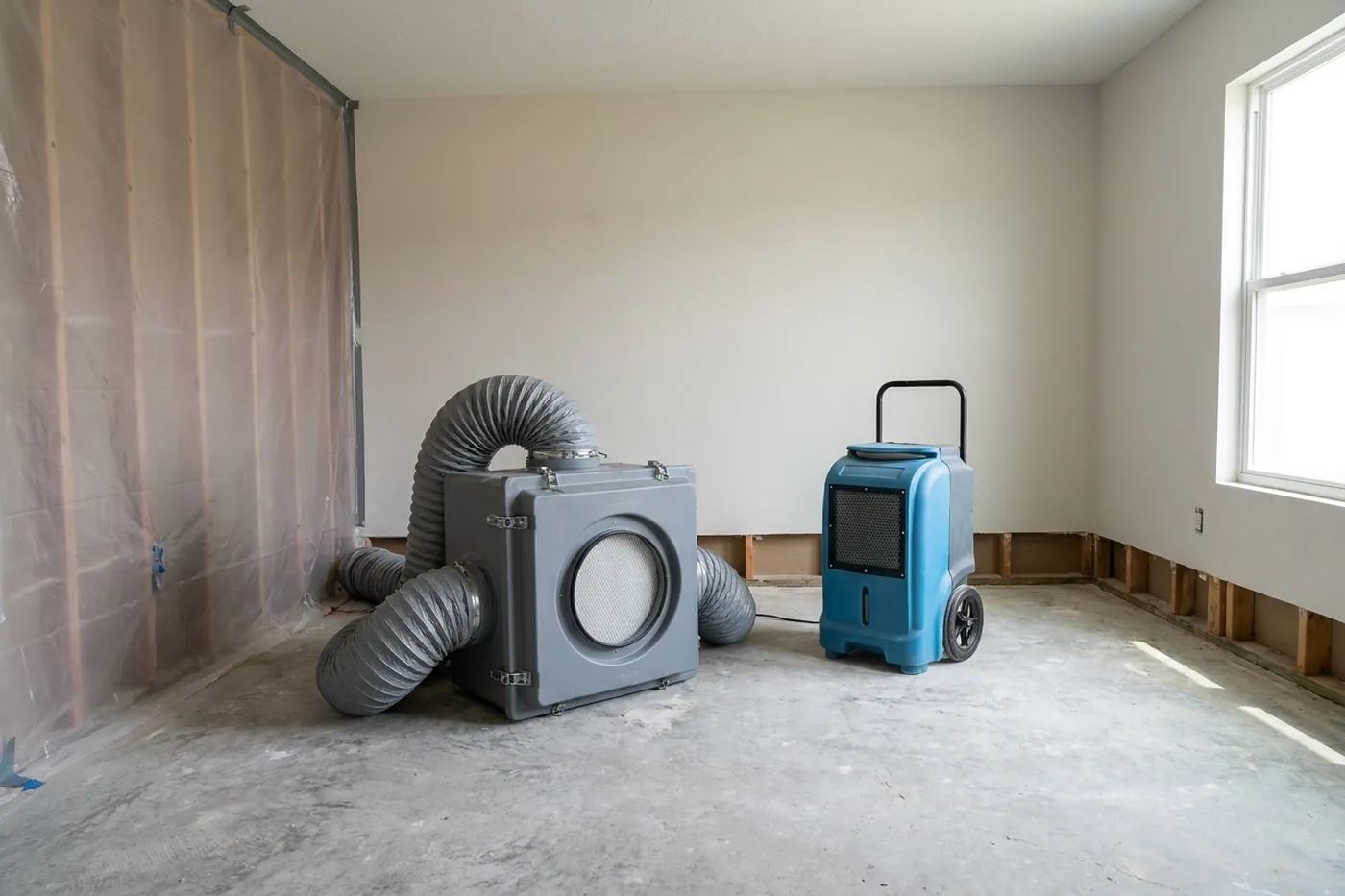HEPA air scrubber and dehumidifier staged for mold removal in a Lafayette home