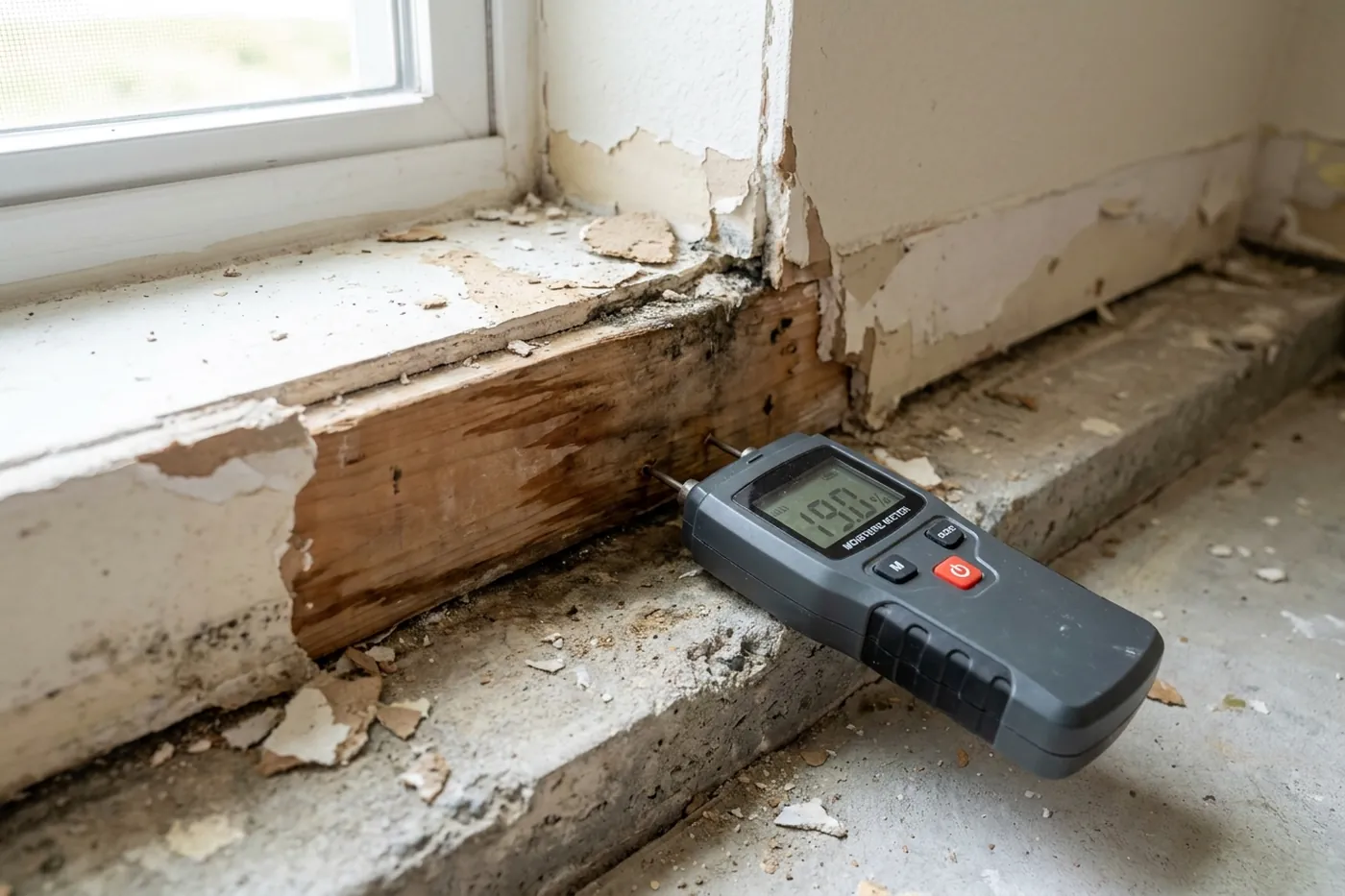 Baseboard and drywall bottom plate opened during a slab-moisture mold removal